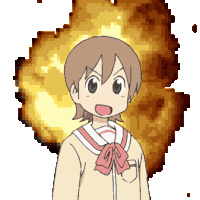 a static image of a smiling Yukko from Nichijou with an explosion gif behind her